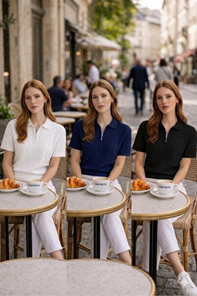 MADAM PARS Γυναικείο πλεκτό μπλουζάκι 3 τεμαχίων με μοτίβο πόλο και κοντό μανίκι