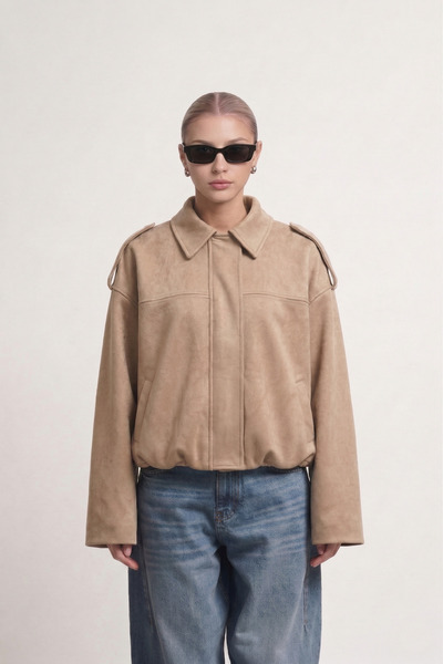 Jaglion Γυναικείο μπουφάν ZR Bomber Beige Suede Oversize