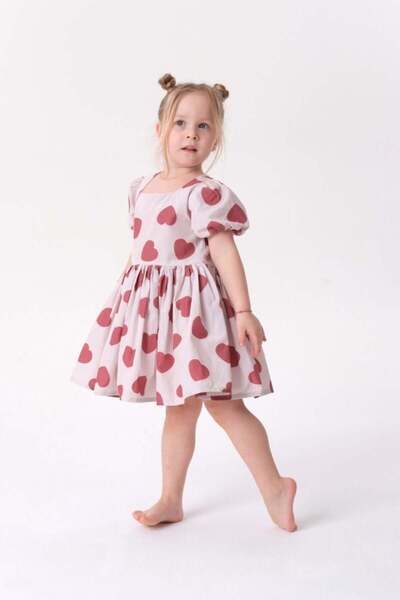 Sweet Luna Pembe Kalp Baskılı Astarlı Elbise