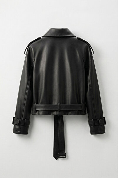 Jaglion New Season Trendy Leather Jacket with Buttons and Belt