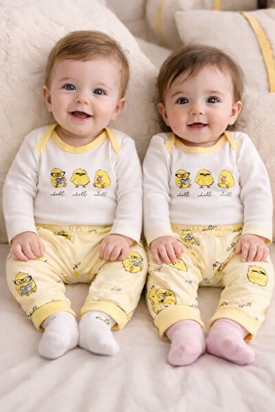 My Babies Label طقم بيجامة أطفال من القطن مطبوع عليه صورة كتكوت أصفر للجنسين - طقم علوي وسفلي بأكمام طويلة