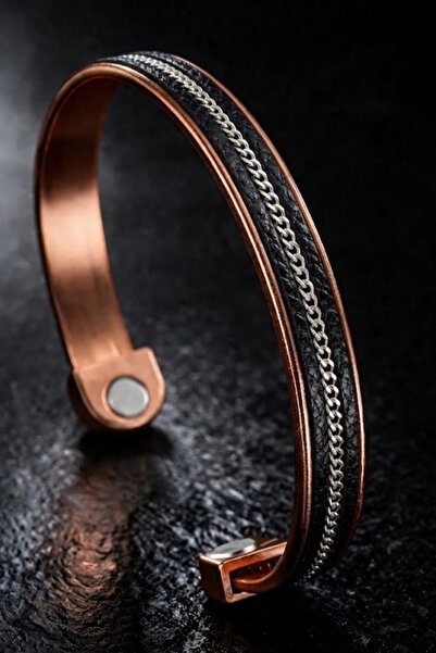 İyyaKee Men's and Women's Copper Bracelet with Leather Strips on Top, Magneti...