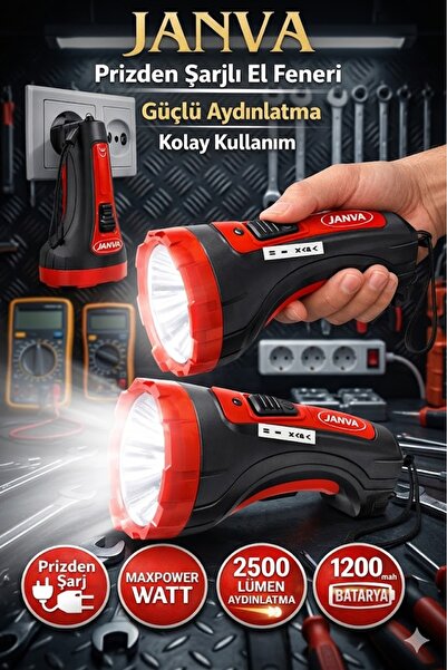 Janva Power Güçlü 1 km Menzil El Feneri Şarjlı 10w Prekejtör Kambur Fener Işı...
