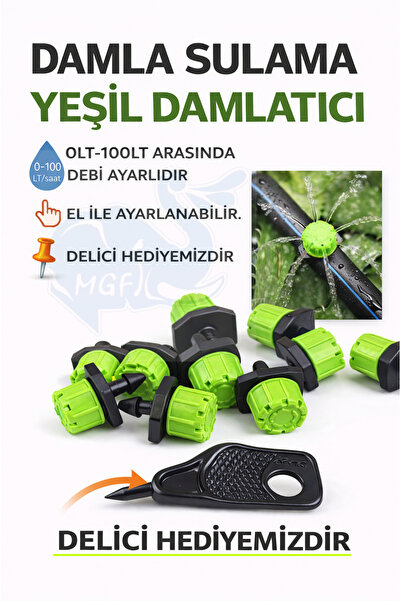 MGF PLAST Mgf 100 Adet Ayarlanabilir Yeşil Damlatıcı 0-100 Lt/Saat – Damla Su...