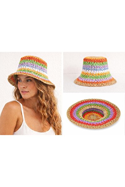 kuru Πολύχρωμο Πλεκτό Καπέλο Bucket |   Ψάθινο σχοινί |   Καλοκαιρινό καπέλο ...