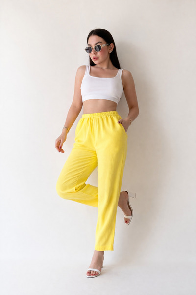ahanora Pantaloni de damă din bumbac, căptușiți cu buzunare, din in, (culoare)