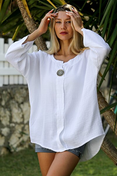 Chiccy Μπλούζα από οργανικό βαμβάκι, λευκή, με γιακά πισίνας, με κουμπιά, μαν...