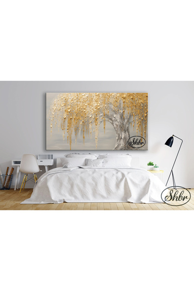 Şehber Tekli Yatay Kanvas Tablo Yağlı Boya Effektli, Gold Ağaç, 3D, Dekoratif...
