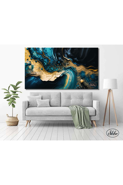 Single Horizontal Canvas Painting, Abstract, Turquoise Gold Pattern, Decorative Canvas Wall Table