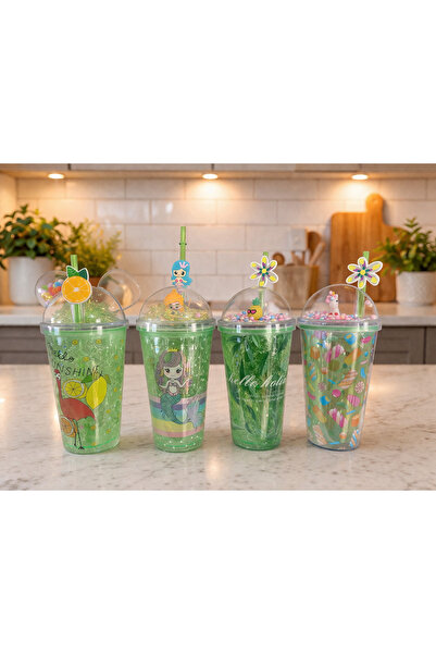 Home Simli Jel Bardak Pipetli Kapaklı Çocuk Bardak – Eğlenceli Figürlü Pipetl...