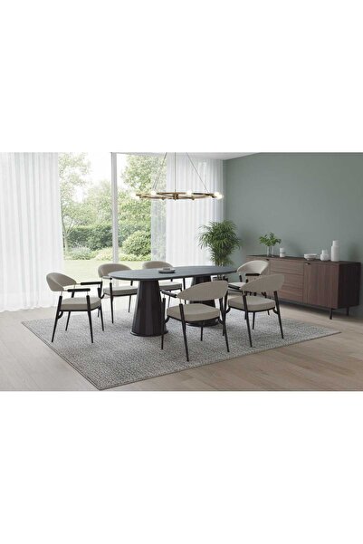 VETROWOOD Ada Yemek Masası Takımı 90 X 180 cm Silves (Krem) Mermer Desen - Si...