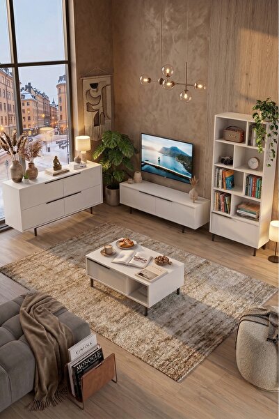 Yurudesign Ocean Tv Ünitesi Orta Sehpa Konsol Kitaplık 4'lü Set Beyaz On21-w