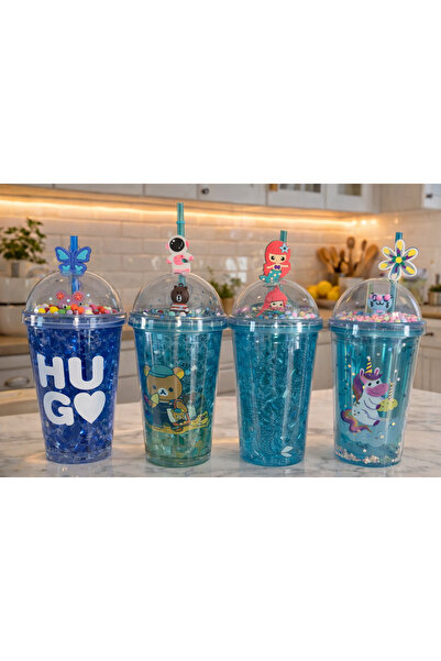 Home Simli Jel Bardak Pipetli Kapaklı Çocuk Bardak – Eğlenceli Figürlü Pipetl...