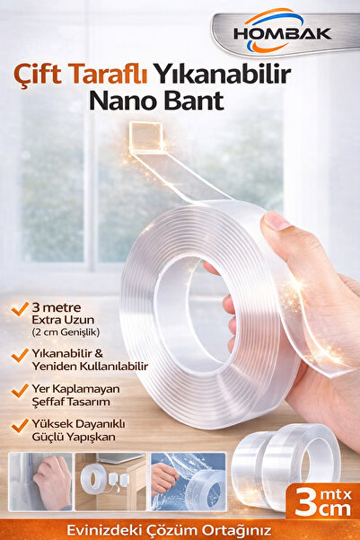 Hombak Çift Taraflı Nano Bant Süper Güçlü Şeffaf Çift Taraflı Bant 1.8 Metre