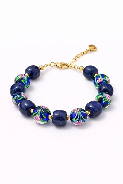 maycollection Mavi Lapis Lazuli Doğaltaş Yeşil Mavi Murano Cam Tasarım Bileklik