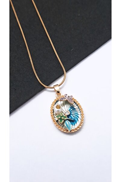 Serenity Blue Themed Pearl Art Steel Necklace with Flower Figures