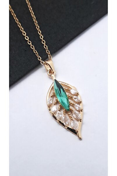 Serenity Green Zircon Stone Steel Necklace with Leaf Figure