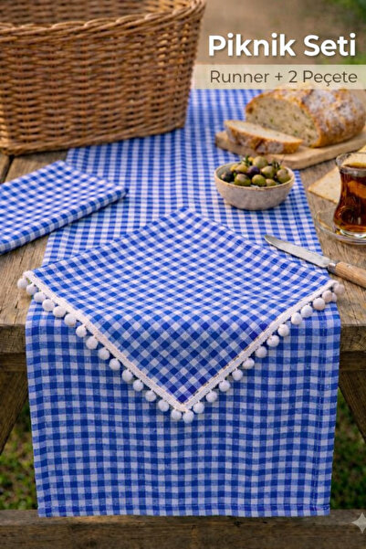 senmasy 3 lü Piknik Seti Runner 40*160 cm ve 2 Peçete 40* 50 cm Kırmızı Pötikare