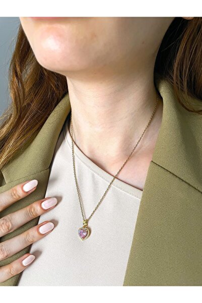 Pink Heart Necklace with Steel Zircon Gemstone – Casual & Stylish