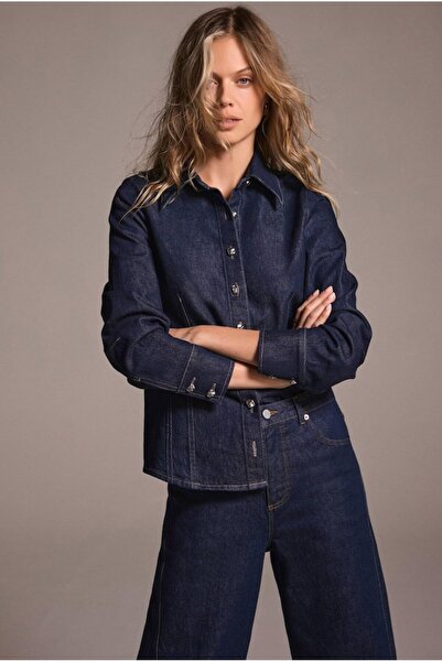 VorNişantaşı Kadın Mint Velet Denim Gömlek