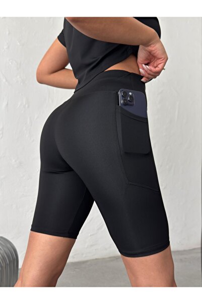 OPENDO Γυναικείο σορτς ποδηλασίας με εφέ ψηλής μέσης με τσέπες μαύρο