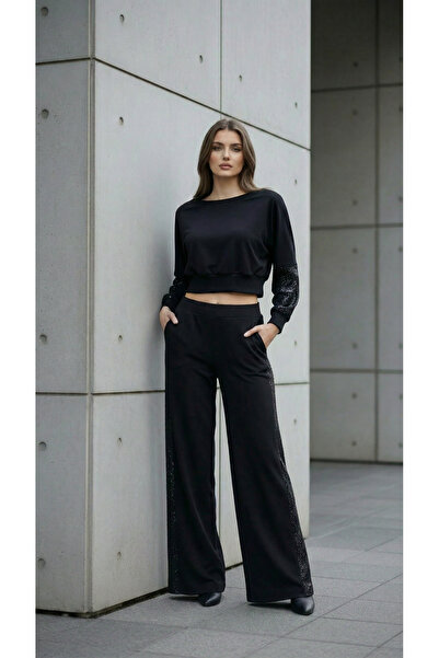 Kadın Simli Şerit Detaylı Crop & Bol Paça Pantolon Takım