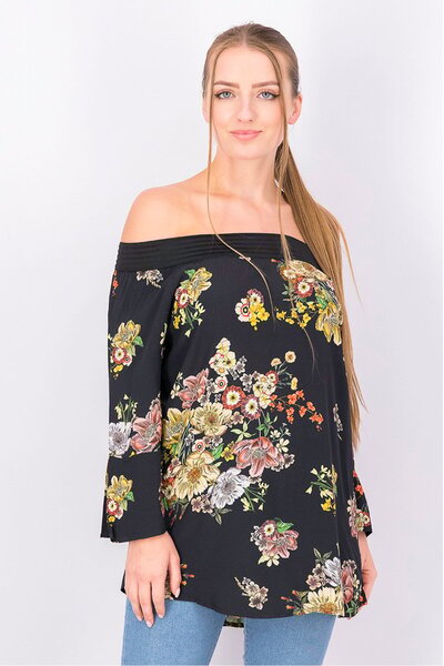 DeFacto Women Off Shoulder Elbow Sleeve Floral Top, Black