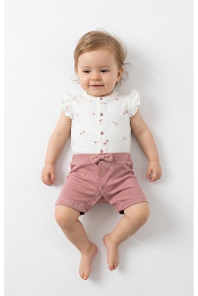 blumi kids Organik Kız Bebek Çiçek Baskılı Şortlu Tulum