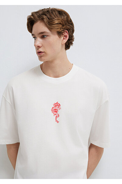 Mavi Ecru-T-Shirt mit Drachen-Print, Oversize / weiter Schnitt 0613300-70057