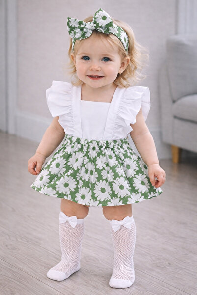 ŞAPKAKİDS Kız Çocuk Yeşil Papatya Desen Fırfırlı Slopet Bandana Beyaz File Ço...