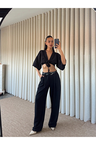 mydukkan.co Belted Linen Trousers - Black