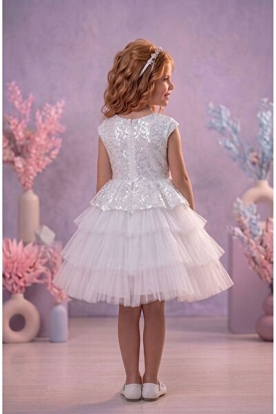 Delfini kids Kız Çoçuk Beyaz Pullu Doğum Günü Abiye Tüllü Elbise
