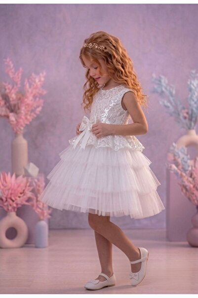 Delfini kids Kız Çoçuk Beyaz Pullu Doğum Günü Abiye Tüllü Elbise