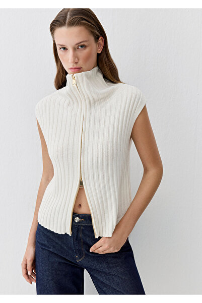 Mavi Woll- und Kaschmirmischungspullover mit Reißverschluss in Ecru, figurbet...