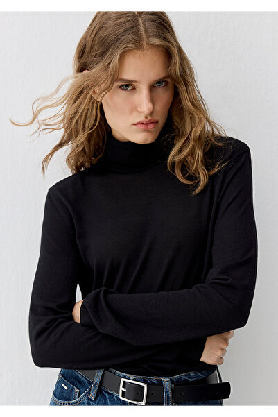 Mavi Schwarzer Wollpullover mit Stehkragen, normale Passform 1710823-900