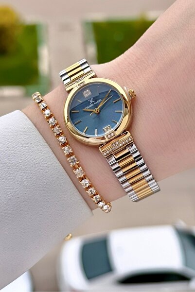 Daniel Klein Dial Blue Cord Gold Silver Color 26 mm Women Wrist Watch and Bra...