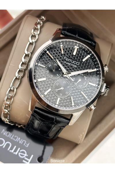 Ferrucci سوار ساعة يد رجالي أسود من الجلد مع تقويم، مزود بوظائف نشطة