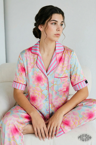 Muah Psychedelic Flora Women`S Satin Pajama Set Large Floral Print Short Slee...