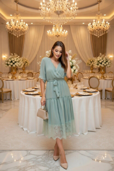 AZRA BUTİK Πράσινο φόρεμα με κοντά μανίκια και κορδόνια