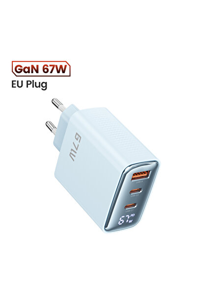Toocki 67W EU Plug Blue 67W GaN USB Type C Charger Digital Display 65W 45W PP...