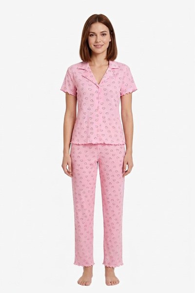 Cottonhill Σετ γυναικείες πιτζάμες με γιακά πουκάμισου με σχέδιο καρδιάς σε σ...