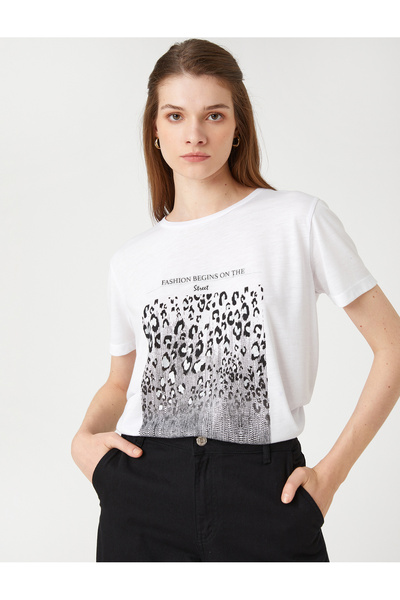 Koton Leopard printed T-shirt με κοντό μανίκι Crew λαιμόκοψη