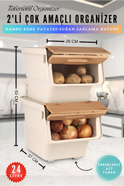 nextbuy 24 LT Bambu Renk Organizer Çok Amaçlı Kutu Tekerlekli Patates Sebze Soğanlık Kutusu Oyuncak Sepeti