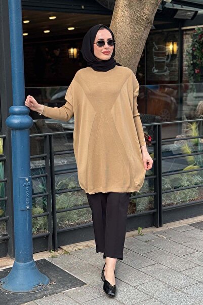Invee Üçgen Fitil Geçişli Kadın Triko Tunik Camel