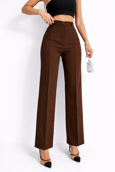 FVTEKSTİL Καφέ Γυναικείο Παντελόνι με Ψηλόμεση Ράφτες Gathering Palazzo