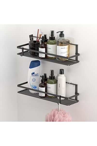 Tekno-tel Teknotel Düzenleyici Şampuanlık Yapışkanlı,Kancalı 2 Adet Mutfak Banyo Rafı Mat Siyah ST264H