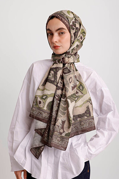 Ayshara Σάλι μονής όψης Glazed Motifs Με έθνικ μοτίβο - Καφέ Πράσινο