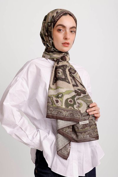 Ayshara Glazed Motifs Ethnic Patterned Single-Sided Shawl - Brown Green