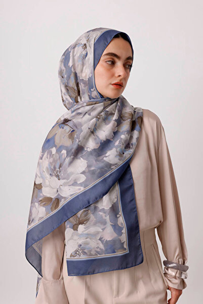 Ayshara Mahperi Με φλοράλ μοτίβο Μονόπλευρο Σάλι - Μπλε Ίνδιγκο