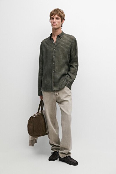 Massimo Dutti Çizgili dökümlü keten gömlek